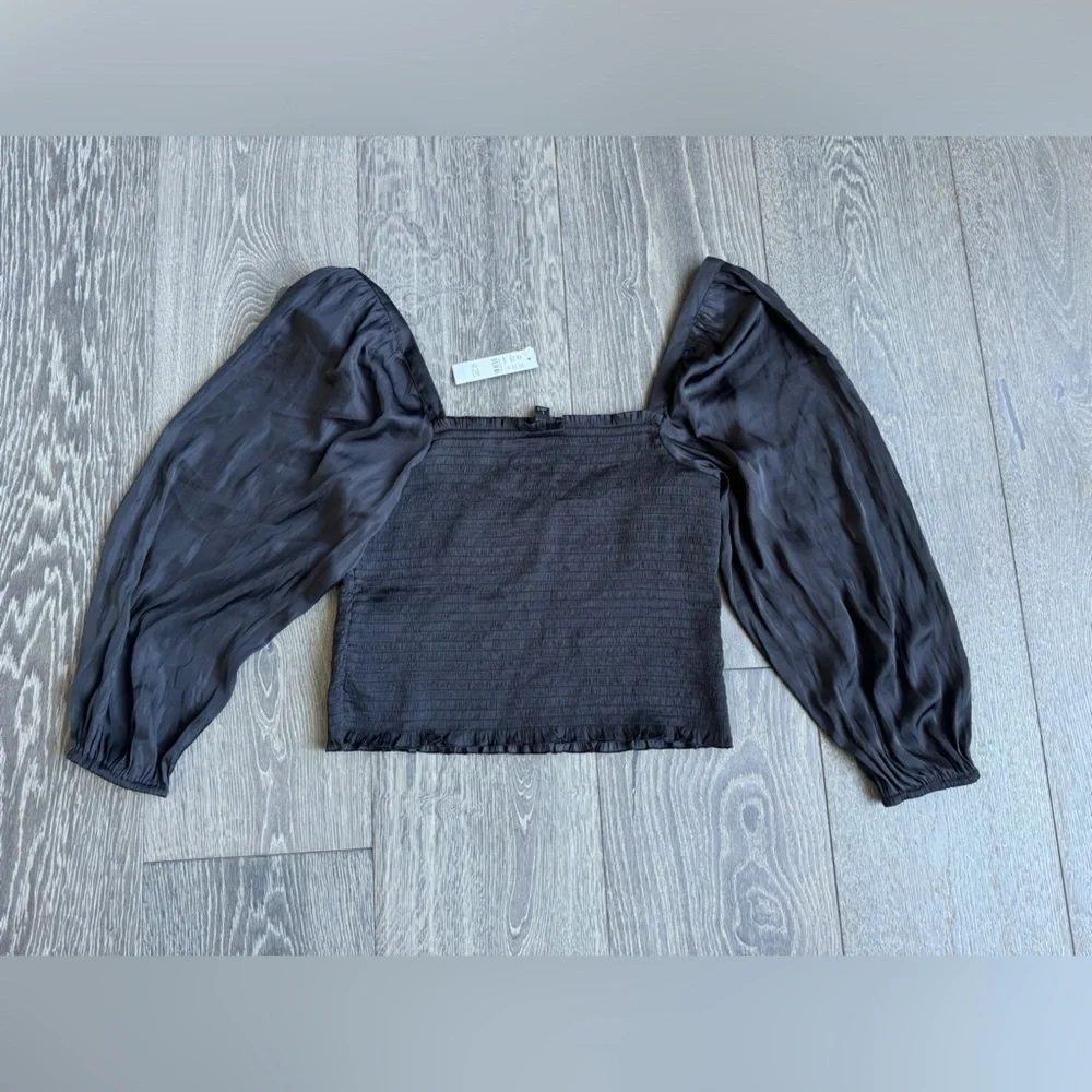 J. Crew  Squareneck Smocked Featherweight Satin Crop Top in Black Size Large